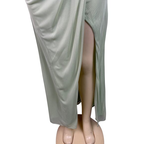 Azazie Womens Sage Green Polyester Halter Maxi Dress Pleated Elegant Gown Slit S - Picture 6 of 11